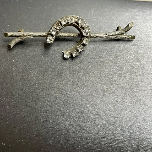 Silver Branch Lucky Horseshoe Antique Brooch White Rhinestones 800 Silver - Picture 2 of 12